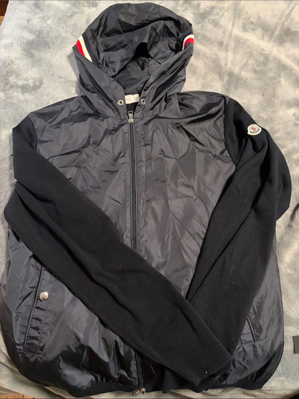 Moncler Navy Hooded Windbreaker with Navy Knit Sleeves and Tricolor Trim DAMAGE